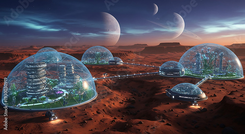 Futuristic human colony with interconnected domes and lush greenery on a red alien planet under a multi-moon sky.
