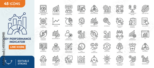 Key Performance Indicators line editable icon set. Containing KPI, performance, objective, optimization, accountability ,target, measurement, strategy, and more. Editable stroke. Vector illustration	
