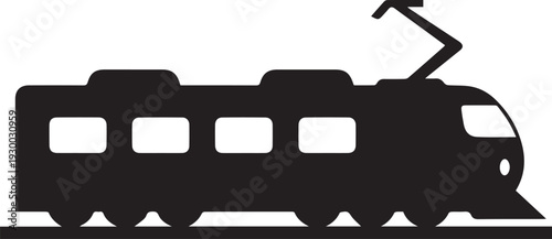 Black silhouette of a modern electric tram or streetcar on a white background