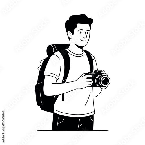 Young male traveler holding a professional camera while wearing a large backpack for hiking adventures.