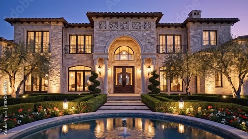 Large luxury stone mansion exterior illuminated by warm lights at twilight with elegant architecture and manicured landscaping.