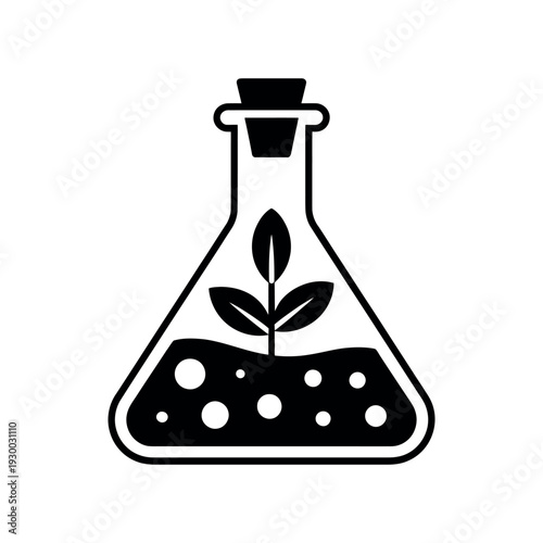 Erlenmeyer flask containing nutrient liquid with a small plant sprout growing inside laboratory setting.