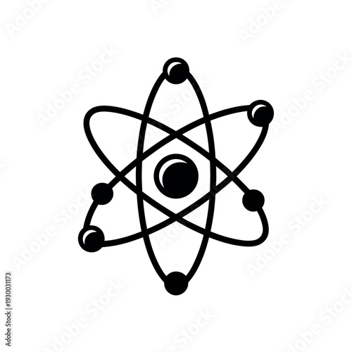 Black and white stylized atom model illustration showing electrons orbiting a central nucleus structure.