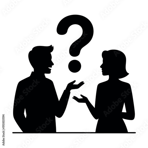 Silhouettes of a man and woman discussing a mystery under a large question mark symbol.