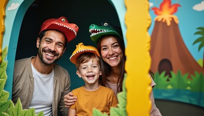 Happy diverse family poses in dinosaur photo booth at museum. Parents and child wear funny hats, smiling at camera with volcano background. Fun day out.