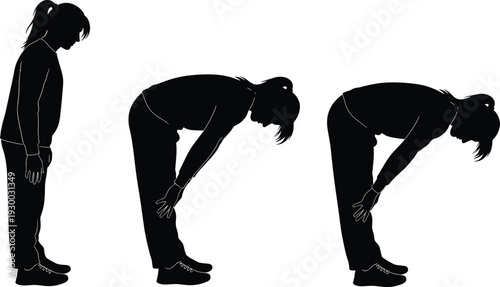 Forward bend stretch silhouettes, fitness exercise icons, yoga posture illustration, hamstring flexibility, standing stretch, workout routine, anatomy movement, wellness
