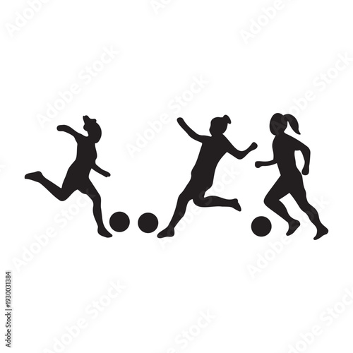 Women Soccer Players Silhouettes practicing football drills and training on white background.