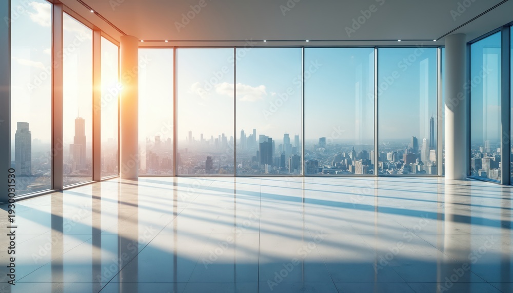 Naklejka premium Modern empty office with large windows overlooking a city skyline at sunrise. Sun gleams on polished floor. Bright space for business meetings or corporate work.
