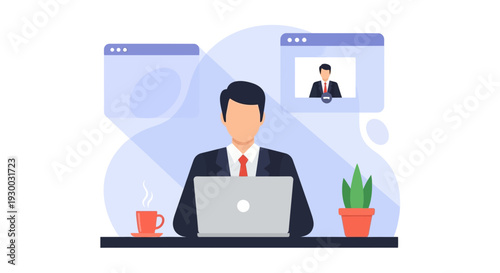 Businessman working remotely on laptop with video call.