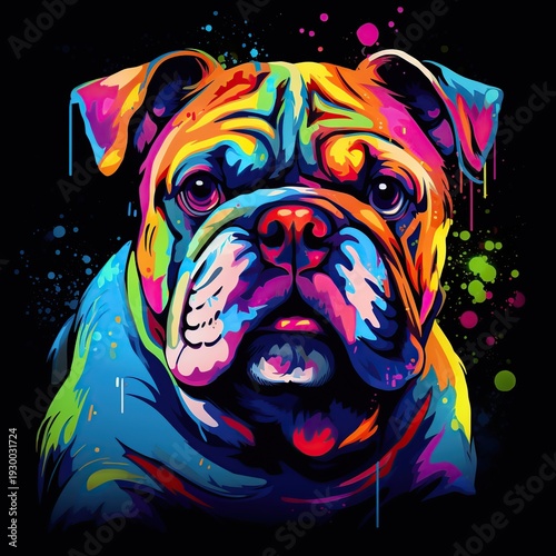 Vibrant Multicolored Bulldog Portrait with Neon Paint Splashes on Black