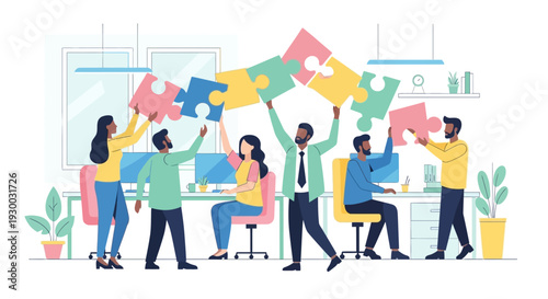 Diverse team working together in office.