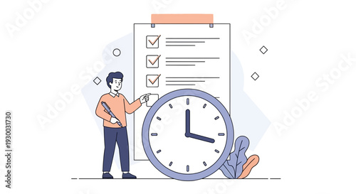 Man checking tasks on clipboard next to clock.