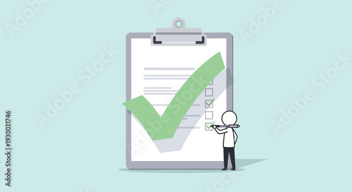 a cartoon man standing next to clipboard.