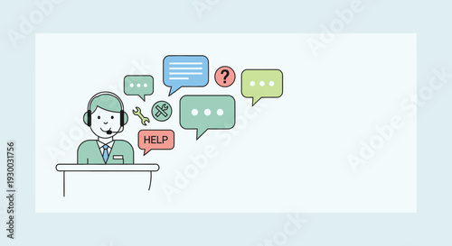Customer service representative with speech bubbles.
