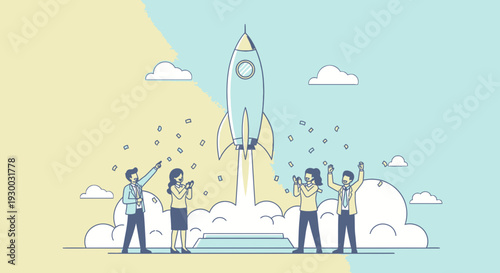 Illustration of people celebrating a rocket launch.