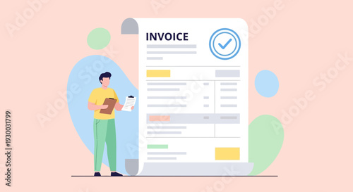 A person checking a large invoice document.