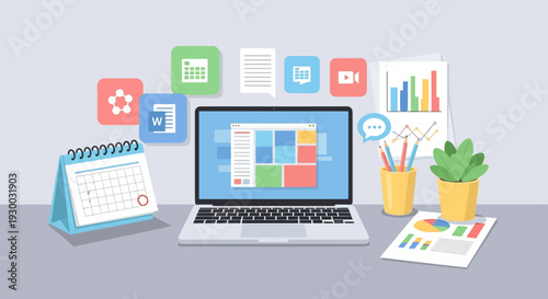 Laptop on a desk with office supplies and data visualization charts.