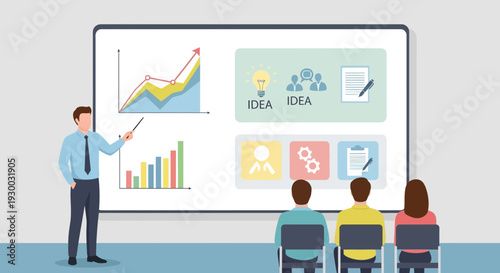 Business presentation with graphs and charts.