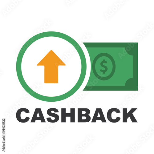 Large CASHBACK icon with green money bill and up arrow for financial reward program.