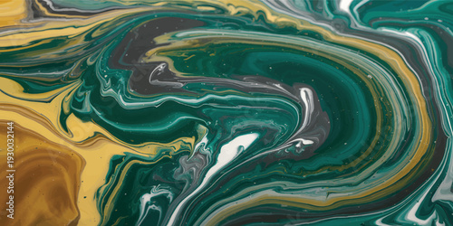 Abstract paint pour in emerald, mustard, and charcoal swirling together_traced