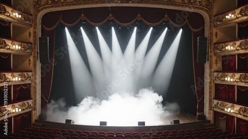Dramatic empty stage with bright spotlights shining through white smoke and fog in a dark theater for performance and event.