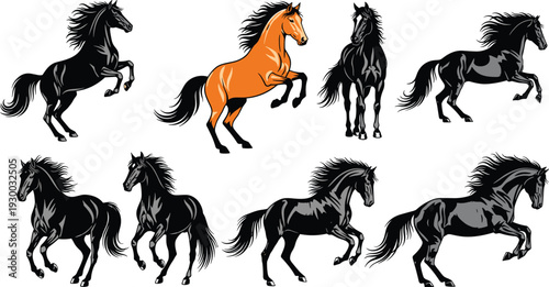 Horse group illustration, dynamic equine artwork, black and white design, orange horse highlight, galloping herd graphic, artistic animal silhouette drawing