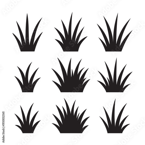 Grass silhouette set, tufts of green meadow plants for nature landscape design.