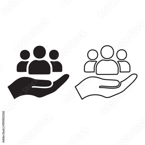 Customer care icon, hand holding people symbols for insurance and support services.