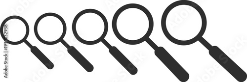 Magnifying glass icon collection, search tool illustration, investigation symbol artwork, black and white design, digital interface graphic, analysis discovery silhouette drawing