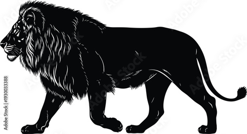 Majestic male lion silhouette walking, powerful African king predator vector illustration, isolated big cat profile with thick mane, minimalist wildlife art. (24 words)