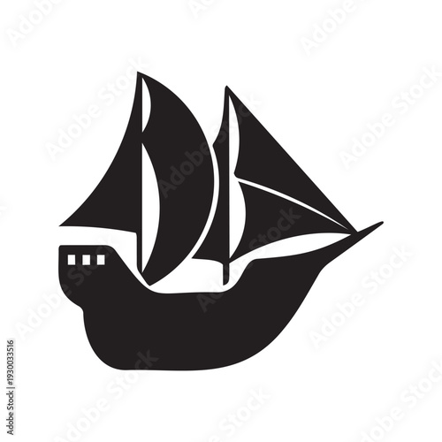 Sailing ship silhouette icon, vintage wooden boat vector illustration isolated.