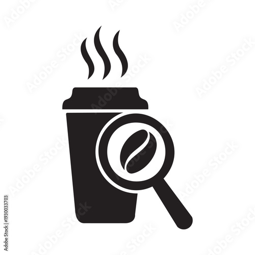 Coffee search icon with takeaway paper cup and magnifying glass bean