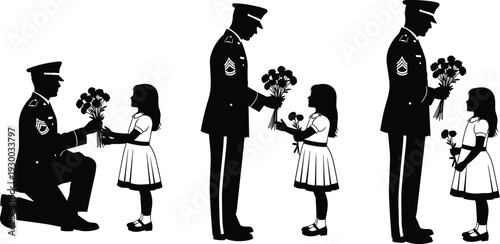 Military officer silhouette illustration, bouquet exchange artwork, soldier and child design, emotional reunion graphic, black and white respect honor drawing