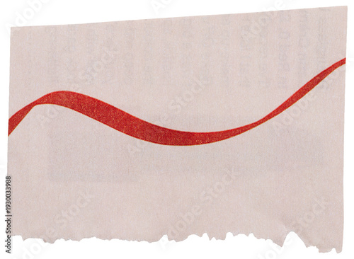 Cut out from magazine beige smooth piece of paper with red curve print and torn edge isolated