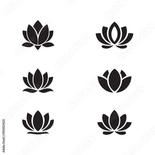 Lotus flower logo set with black floral icons for yoga, spa, beauty and wellness branding.