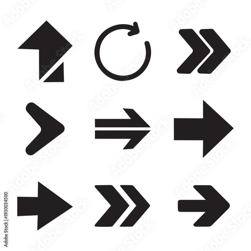 Arrow symbols for navigation, redo, share and download in black flat design.