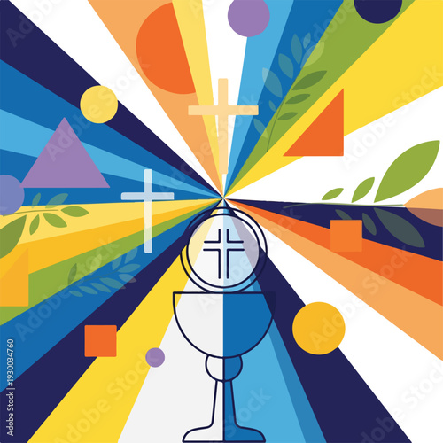 Colorful, geometric abstract with chalice, crosses, leaves, and shapes