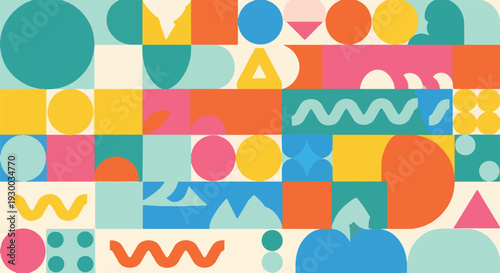 Colorful, geometric arrangement with shapes on a neutral backdrop