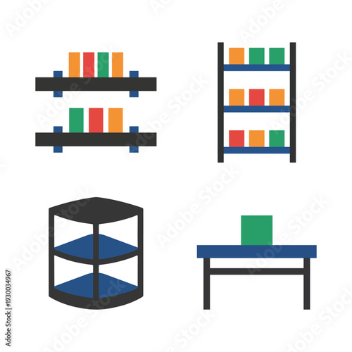 Retail store display shelves with colorful products and blue table for shop interior design.