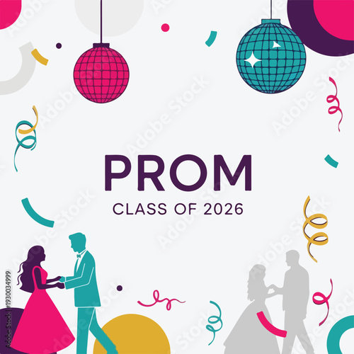 Colorful illustration promoting a school prom for the class of 2026