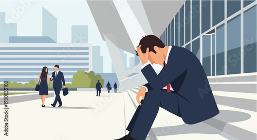 Distressed businessman on city steps, head in hands, embodying immense pressure, burnout, and mental health struggles in demanding corporate world