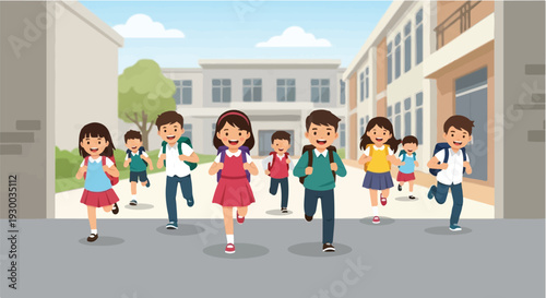 A diverse group of happy elementary school children with backpacks running towards the camera outside their school building, excited for a new day of learning
