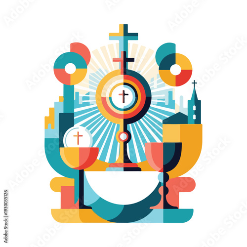 Colorful, geometric graphic with Christian religious symbols