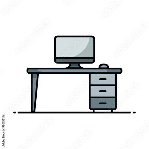 Simple modern computer desk with monitor and filing cabinet drawers.