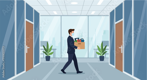 A corporate employee walks through a modern office corridor, carrying a box of personal items, illustrating job departure, career transition, or the difficult experience of unemployment