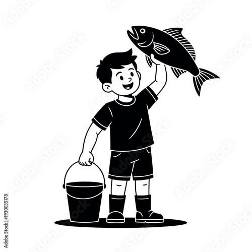 Happy young boy proudly displays his fresh catch while holding a fishing bucket.