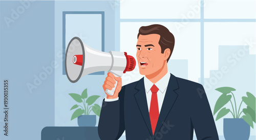 Confident businessman in a suit making a loud announcement with a megaphone in a modern office setting, representing effective communication and leadership in the corporate world