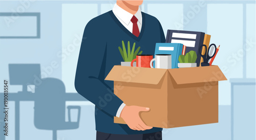 Professional leaving the workplace, carrying a box of personal belongings, symbolizing a career transition, job change, or the conclusion of employment