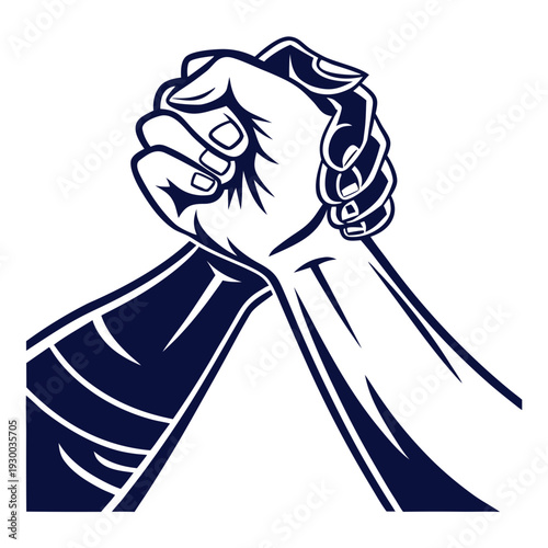 Strong arm wrestling competition hand grip illustration showing power and brotherhood between two muscular rivals in vintage monochrome tattoo style