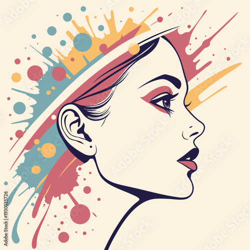 Woman profile in vivid pop art style with striking makeup and dynamic paint splatters suggesting artistic flair